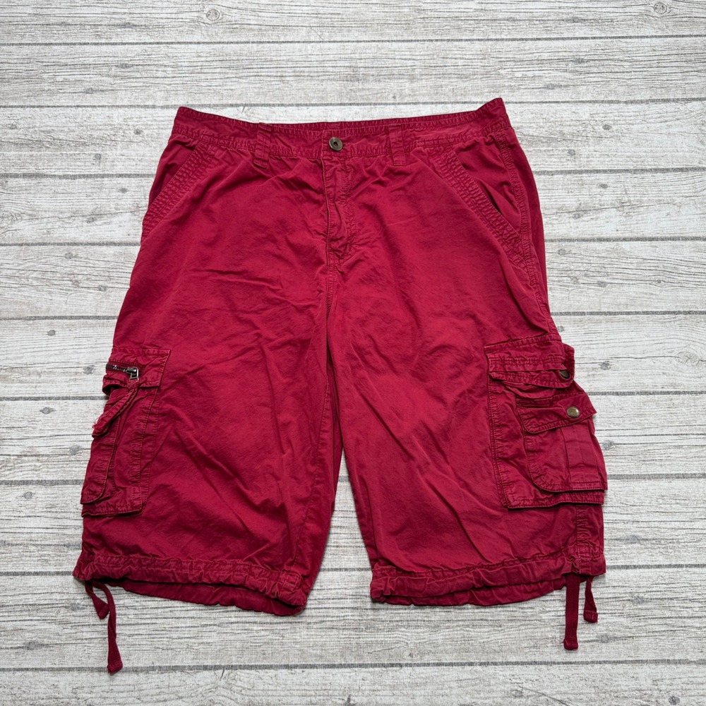 Vintage Y2K Cargo Shorts Men's 34 Red Cotton Relaxed Fit Hiking Utility Outdoor